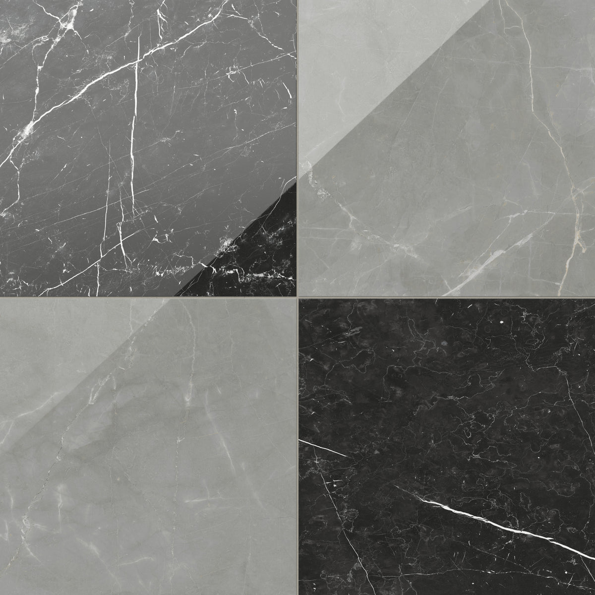 Leona Amani Grey and Nero Marquina tile, 24x24 gloss finish, featuring a striking contrast of grey and black marble-inspired tones in a polished checkerboard design.