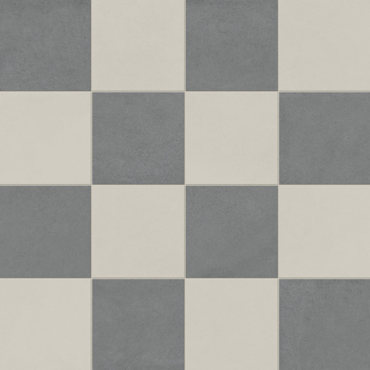 Palmer 12x12 checkerboard matte porcelain tile in white and grey, showcasing a classic alternating pattern.