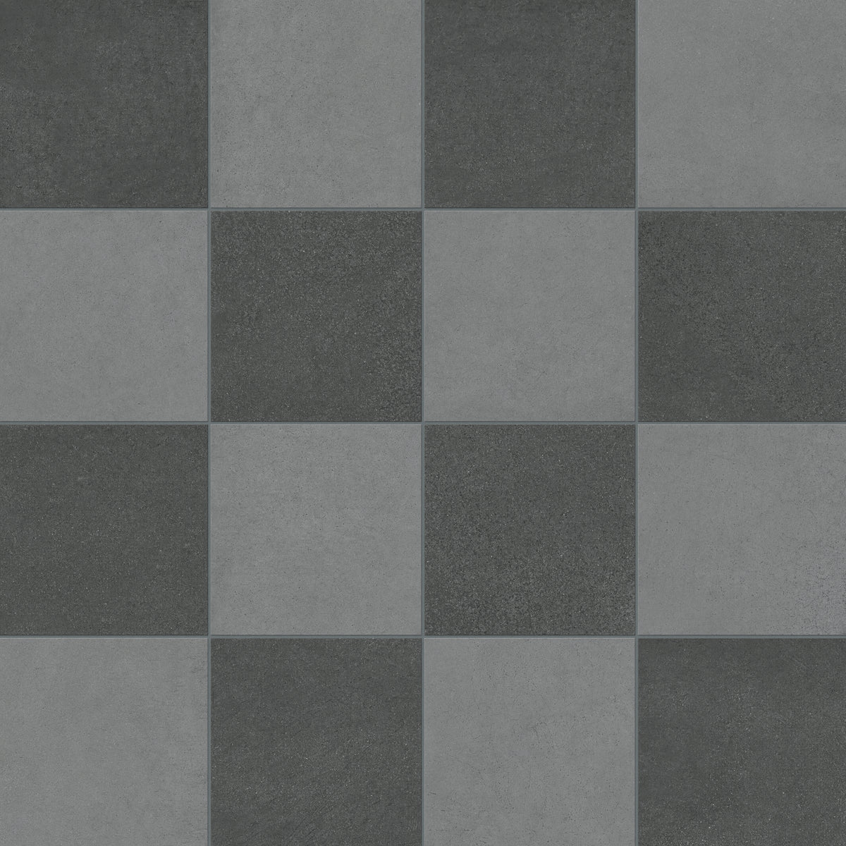 Palmer 12x12 checkerboard matte porcelain tile in soft grey and nero black, offering a sleek, dual-tone pattern for contemporary interiors.