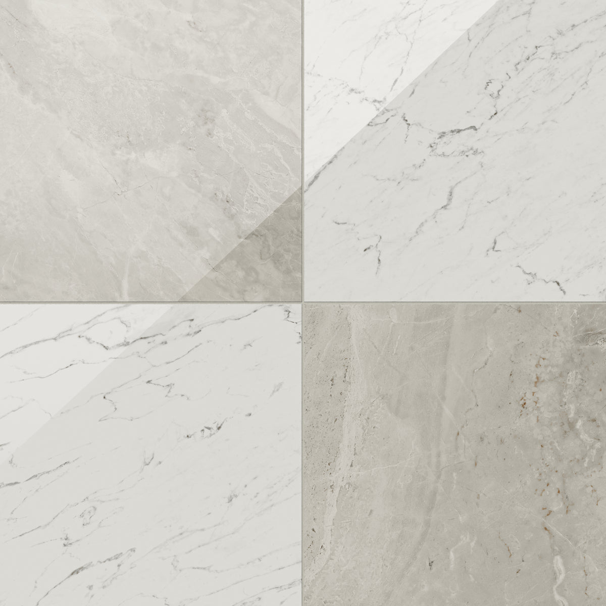 Blair 24x24 polished porcelain tile in Oniciata beige and white Carrara, with a soft marble checkerboard effect.