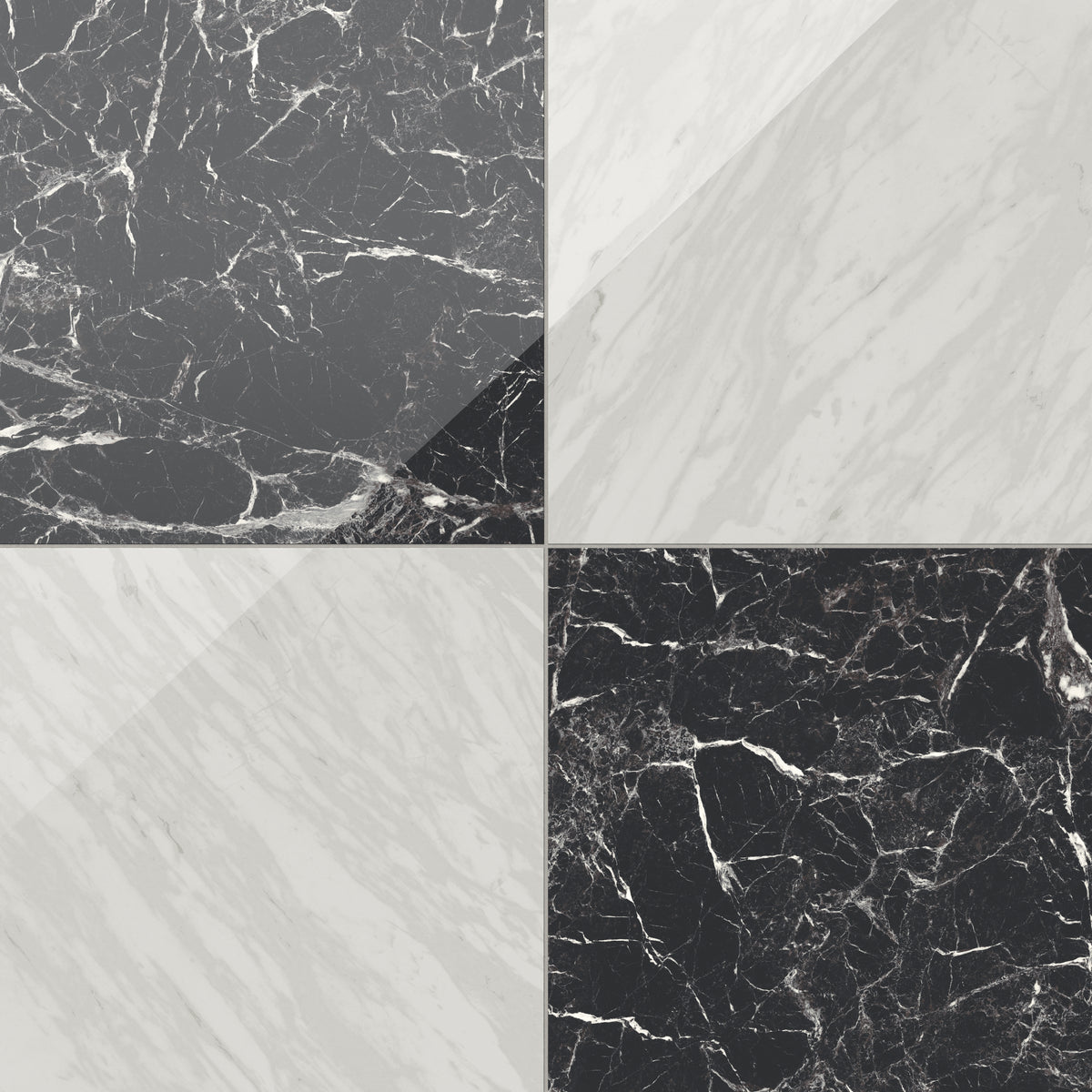 Blair 24x24 polished porcelain tile in Marmo black and Volakas white, featuring a dramatic marble checkerboard style.