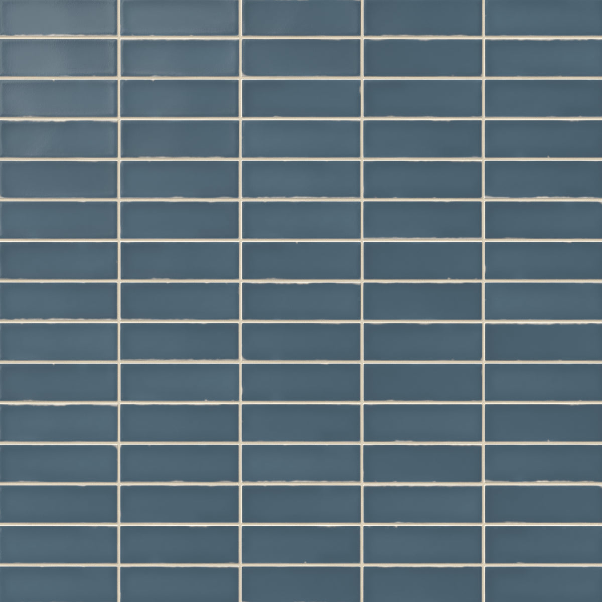 Matte finish blue ceramic subway tiles, sized 1.6x5 inches, arranged in a horizontal straight lay pattern with white grout.