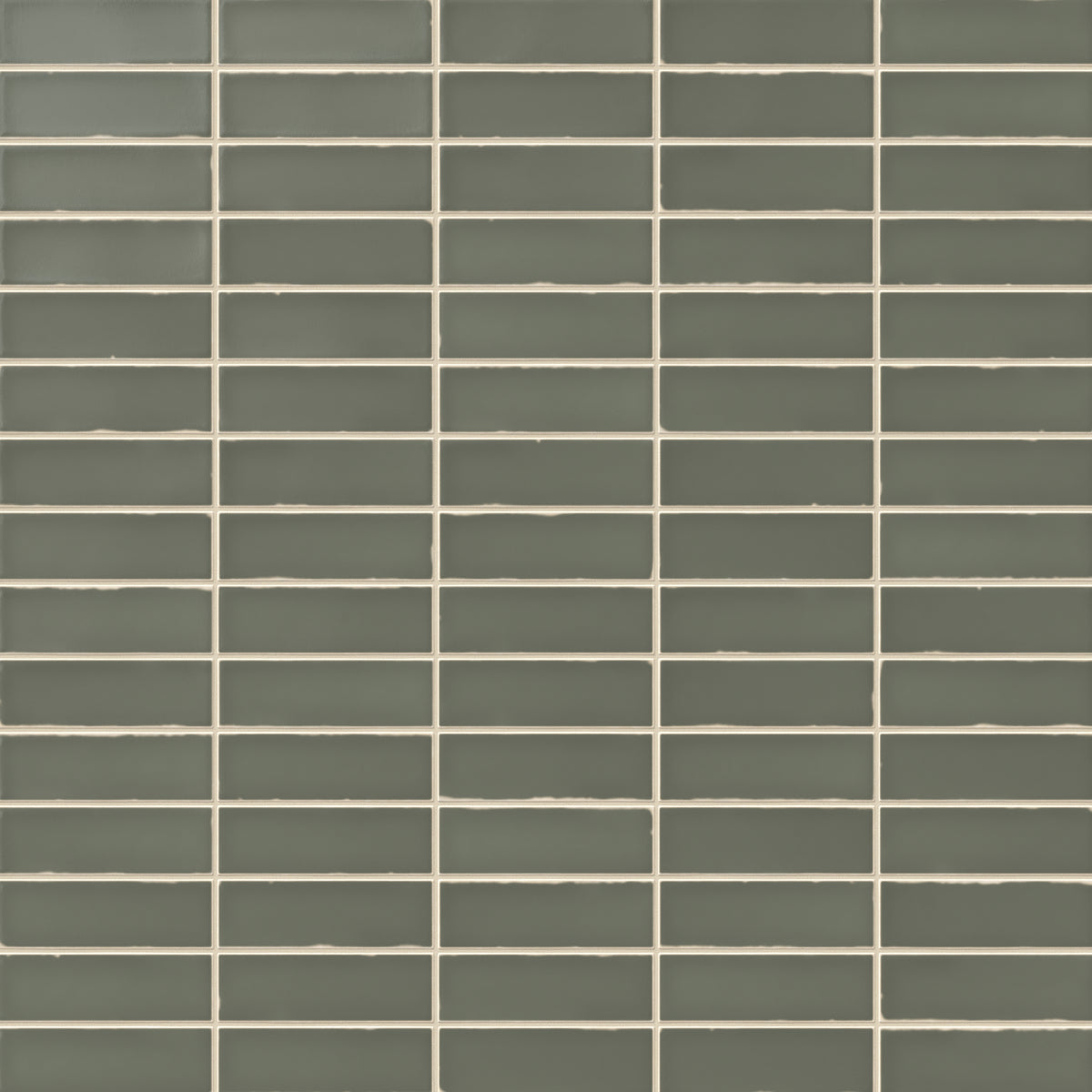 A 1.6x5 ceramic subway tile in muted green, featuring a matte finish, and a clean stacked layout with fine grout lines.