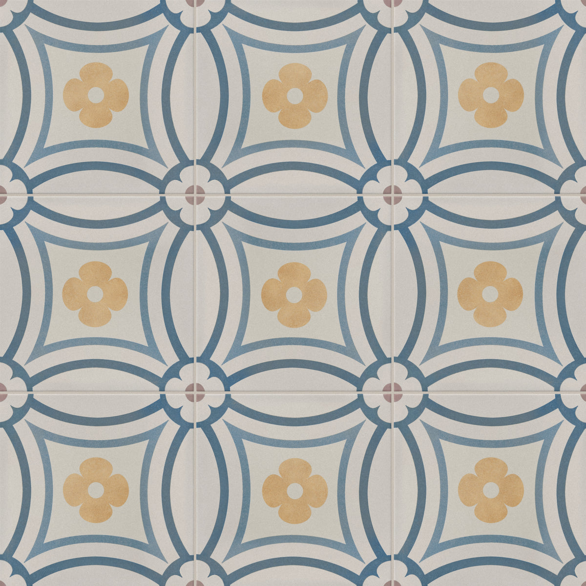 An 8x8 matte porcelain decorative tile featuring patterned golden quatrefoil flowers framed by layered blue arches and soft scalloped corners.