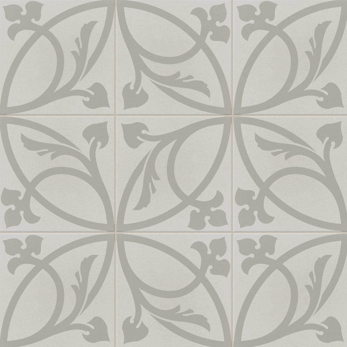 An 8x8 matte porcelain decorative tile in soft grey, arranged in a mirrored floral pattern with elegant petal-like curves and tonal botanical silhouettes