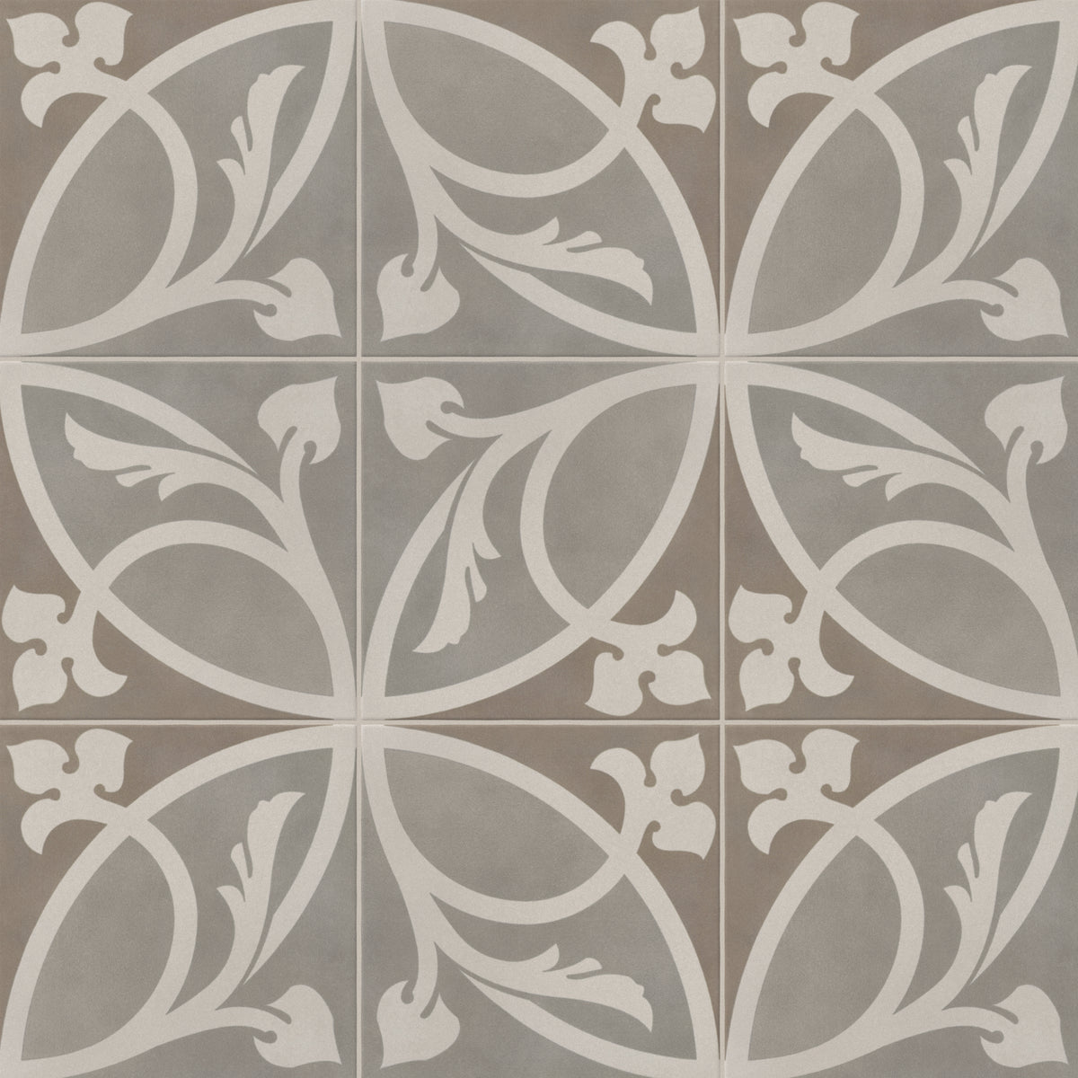 An 8x8 matte porcelain decorative tile in taupe and gray, arranged in a floral quadrant that forms a graceful, symmetrical petal motif with pale botanical curves.