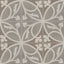 An 8x8 matte porcelain decorative tile in taupe and gray, arranged in a floral quadrant that forms a graceful, symmetrical petal motif with pale botanical curves.