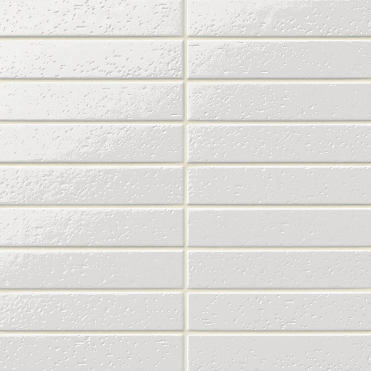 Glossy white 2x10 subway tile with a handcrafted look, featuring subtle surface texture and a clean stacked layout.