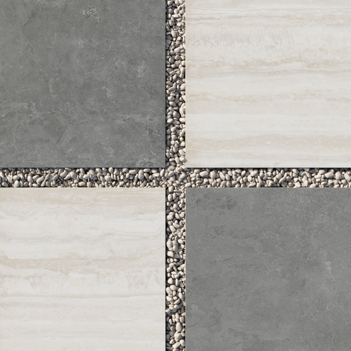 Large format porcelain pavers in dark gray and beige set in white gravel, featuring a bold checkerboard layout with a natural stone look finish.