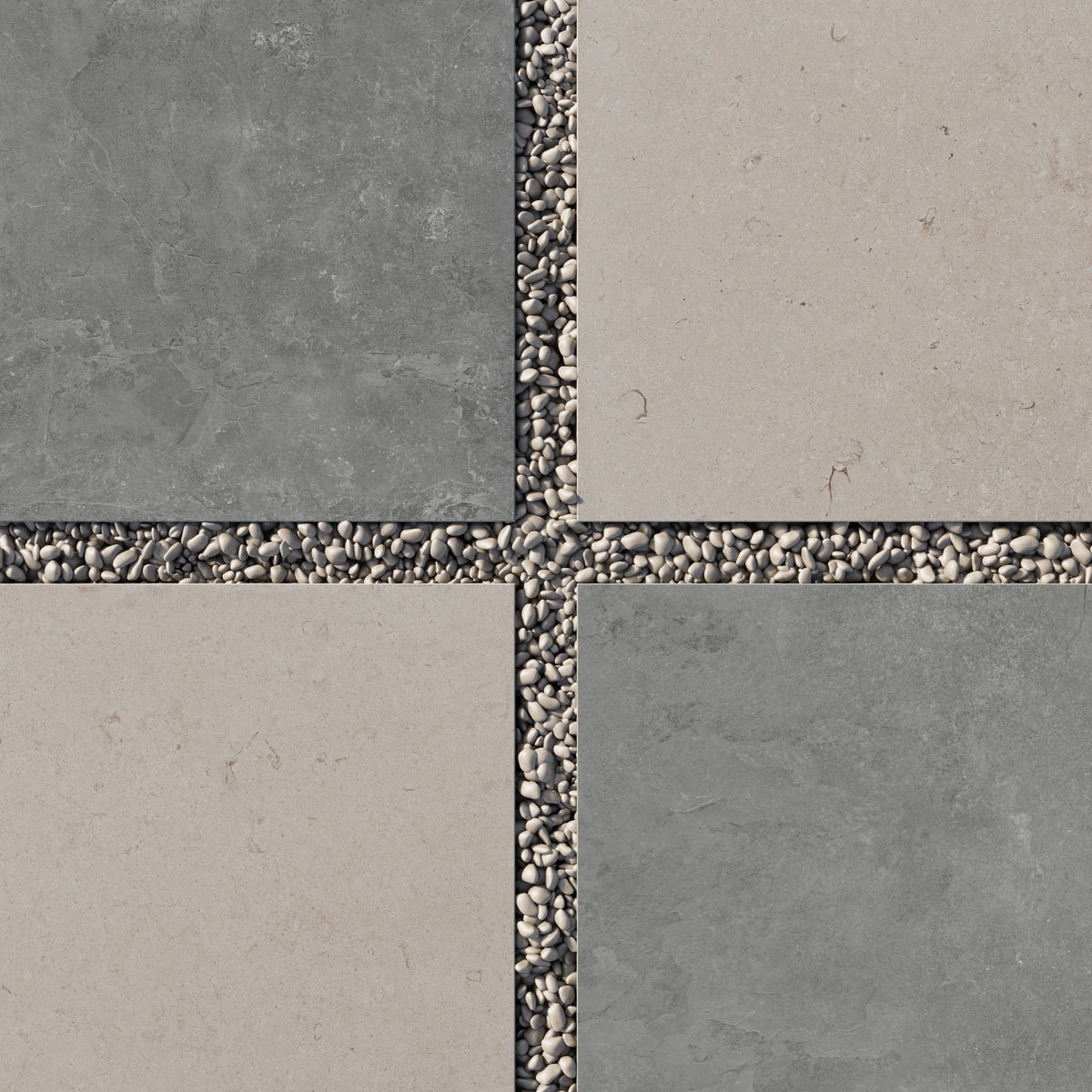 Large format porcelain pavers in dark gray and light brown set in white gravel, creating a bold, stone look checkerboard with natural texture and grip.
