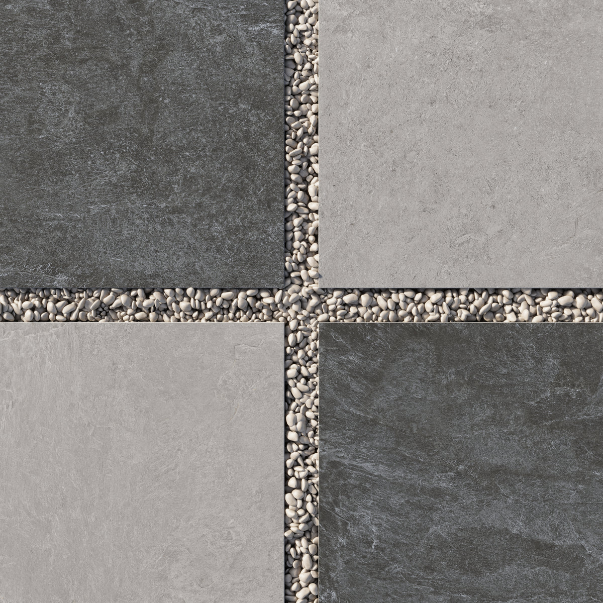 Contemporary design with 24x24 checkerboard grip porcelain paver tile in 2cm thick dark gray and medium gray tones set between decorative pebbles