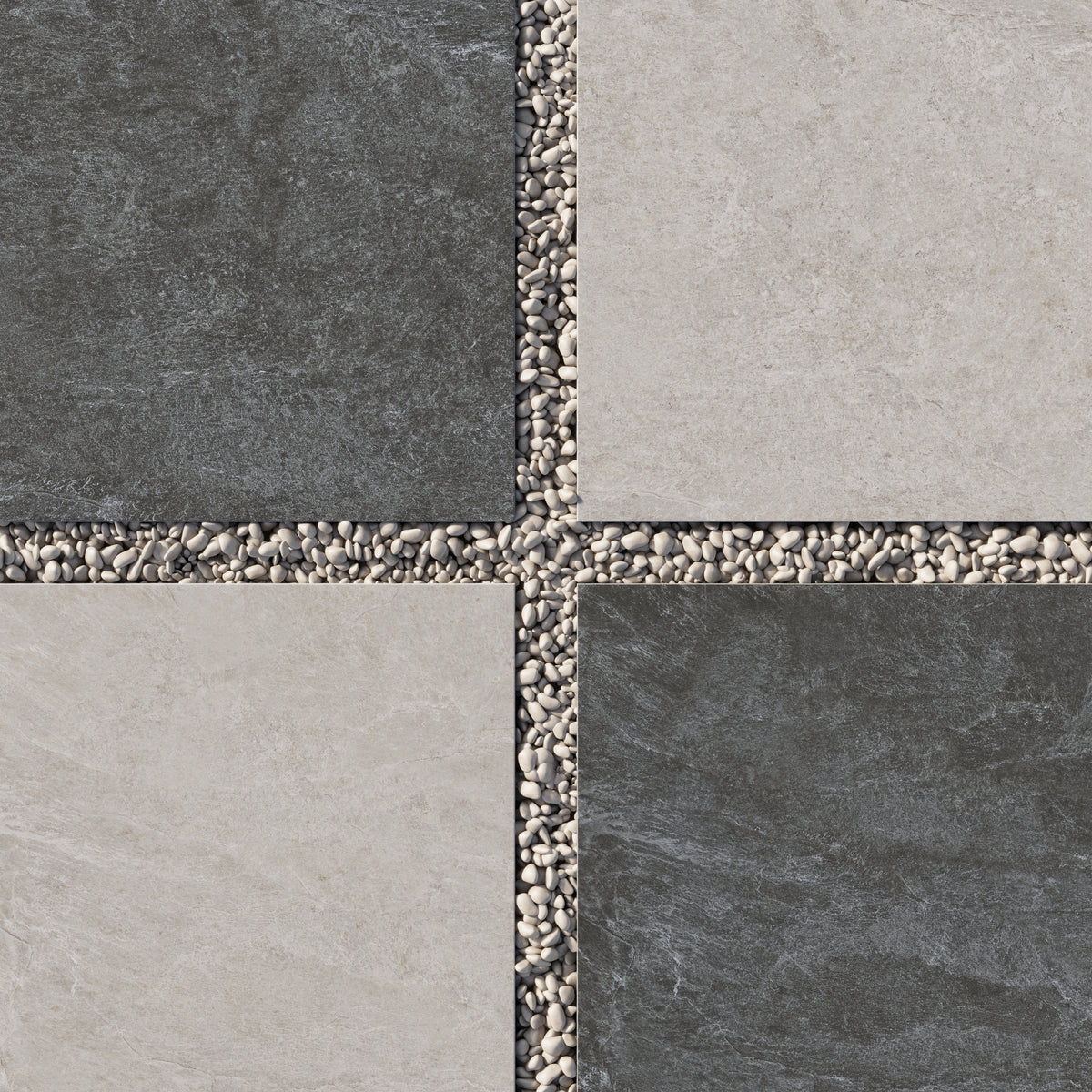 Contemporary outdoor setup with 24x24 checkerboard grip porcelain paver tile in 2cm thick dark gray and beige tones, spaced with decorative gravel