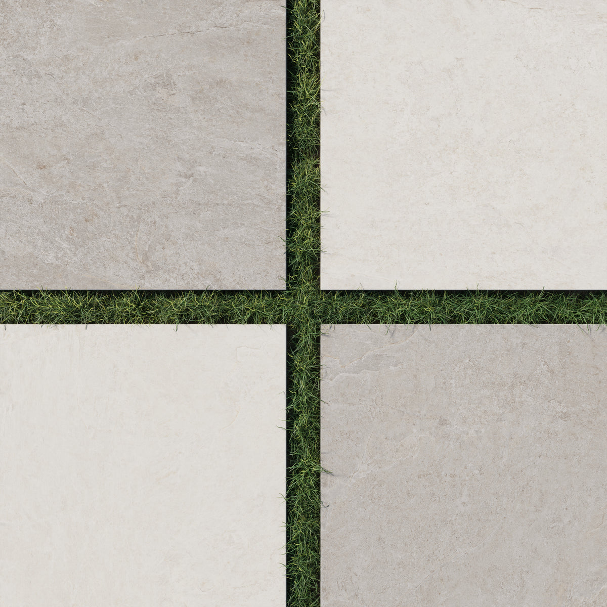 Checkerboard outdoor patio featuring 24x24 stone-look porcelain pavers in beige and gray with 2cm thickness and slip-resistant grip finish