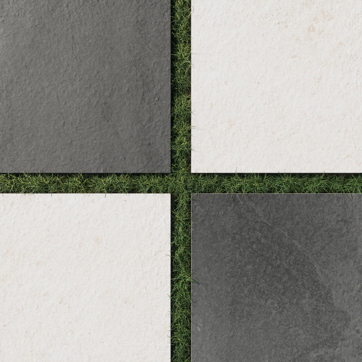 Checkerboard layout of porcelain pavers featuring deep charcoal gray and warm canvas tones, paired over trimmed grass for a clean, outdoor-ready contrast.
