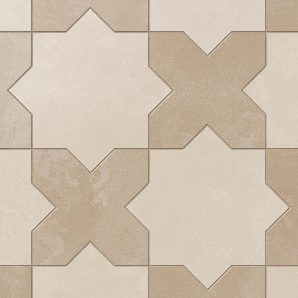 Inspired by historic patternwork, our Isabel 11x11 Matte Porcelain Tile Star and Cross in Cream and Sand blends earthy beige and soft brown shades with a matte finish for a handcrafted look suited to transitional homes.