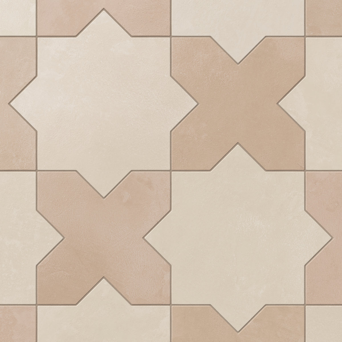 Our Isabel 11x11 Matte Porcelain Tile Star in Cream and Cross in Rosewood features grayish-beige and soft pink tones with a powdery matte finish for a warm heritage look suited to romantic interiors.
