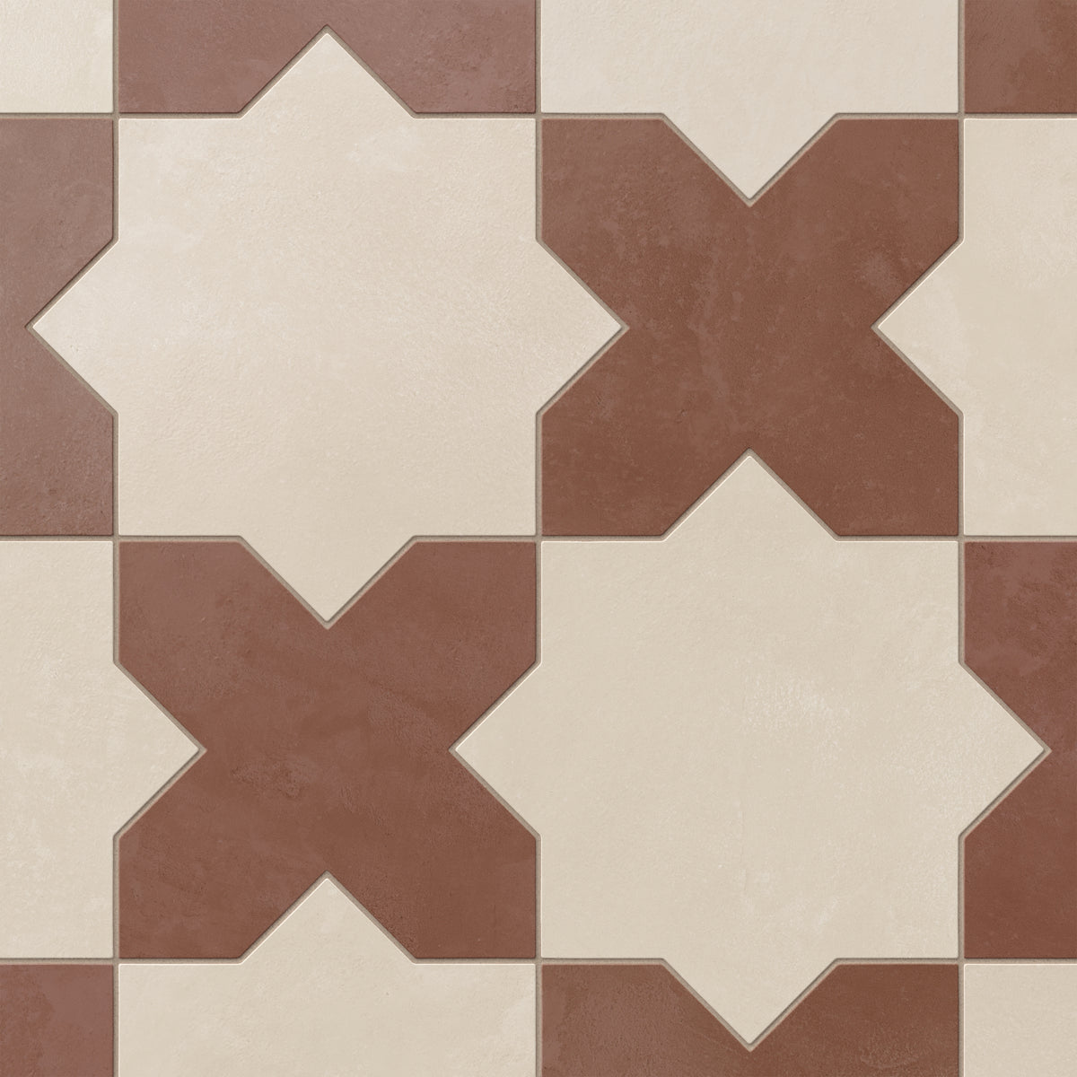 Inspired by historic patternwork, our Isabel 11x11 Matte Porcelain Tile Star and Cross in Cream and Rust blends earthy beige and rust-red shades with a matte finish for a handcrafted patina look.