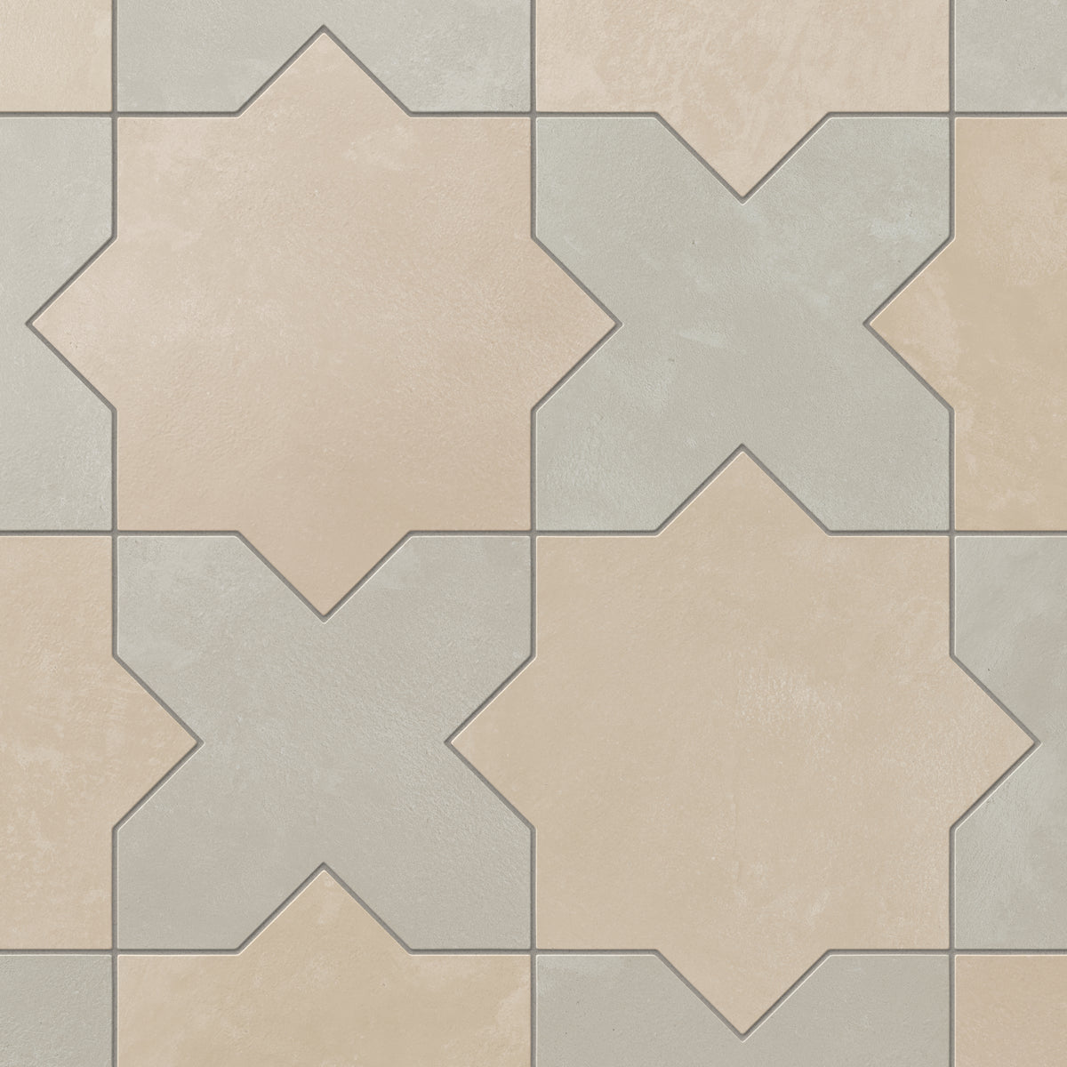 Defined by star and cross geometry, our Isabel 11x11 Matte Porcelain Tile in Bone and Dove pairs earthy beige and light gray hues with subtle cement texture for an architectural look.