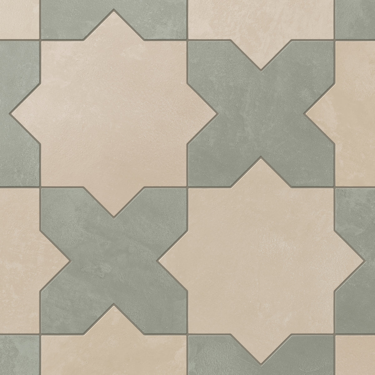 Inspired by historic patternwork, our Isabel 11x11 Matte Porcelain Tile Star and Cross in Bone and Seasalt blends earthy beige and sage green hues for a handcrafted patina look.