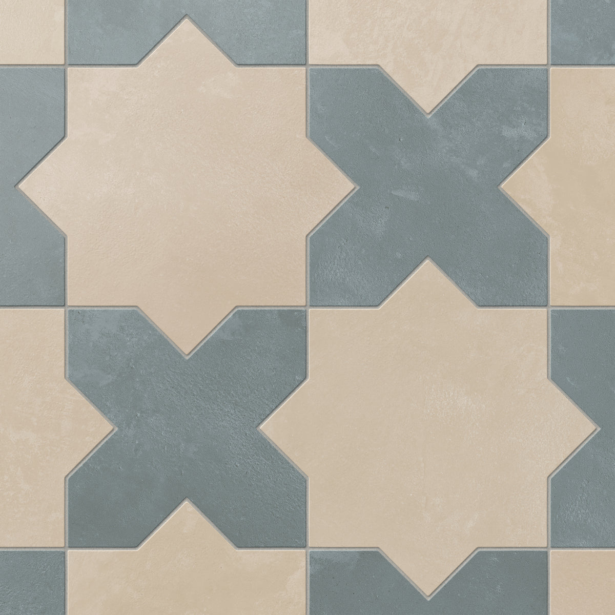 Defined by star and cross geometry, our Isabel 11x11 Matte Porcelain Tile in Bone and Slate uses a matte porcelain surface and subtle plaster texture to create a refined architectural look.