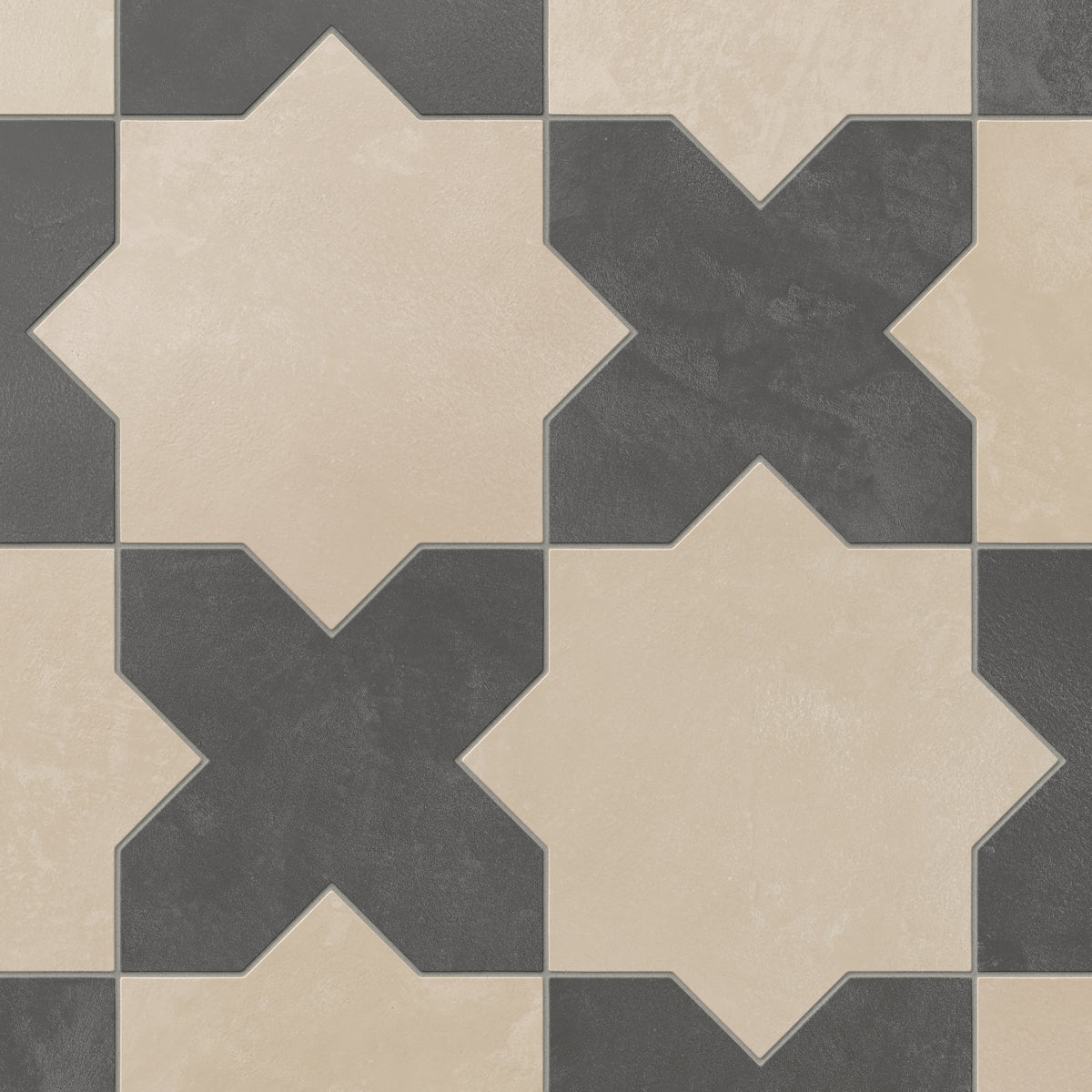 Isabel 11x11 matte porcelain tile in warm beige and dark gray, combining star and cross forms with a cement-plaster texture and a softly powdery glaze.