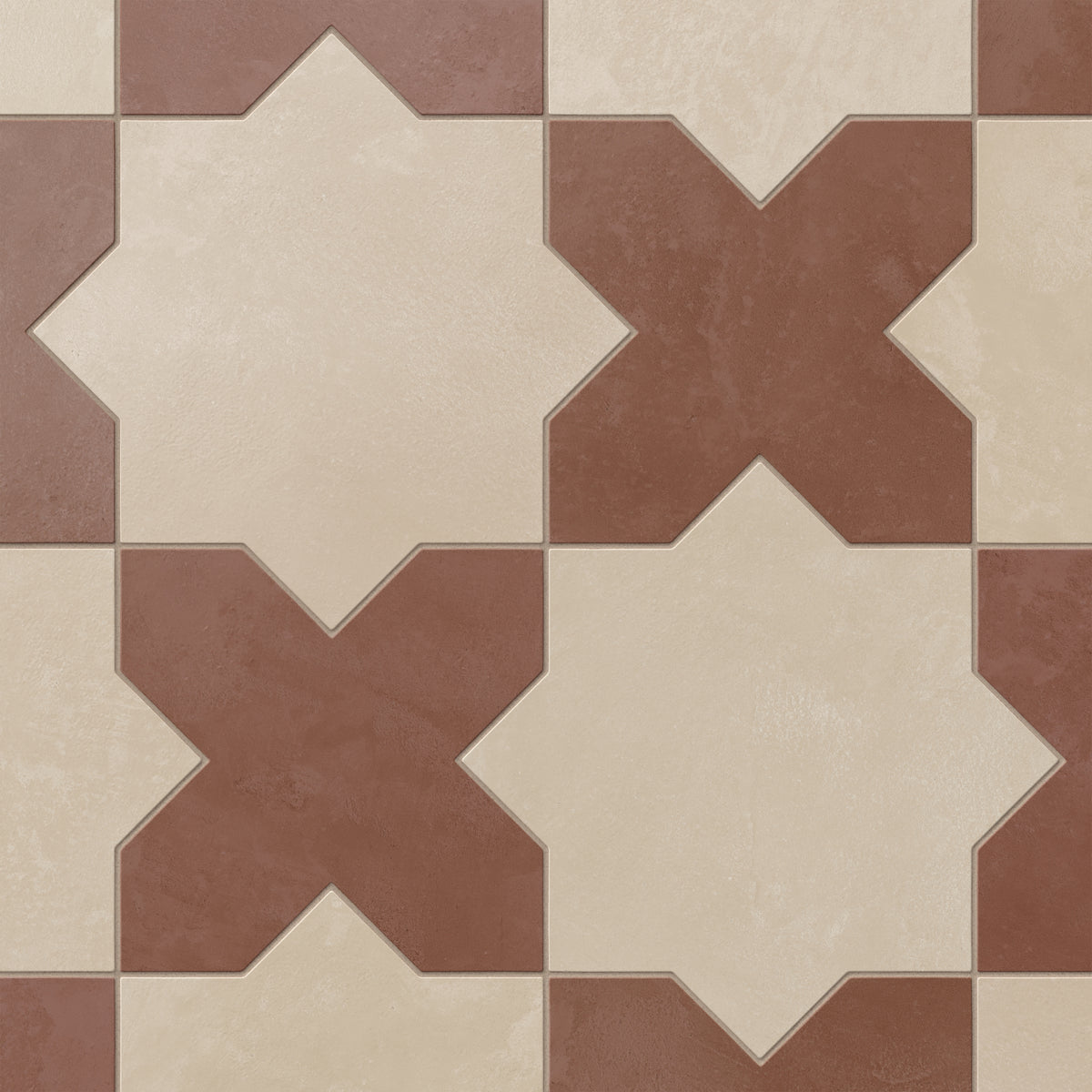 Isabel 11x11 matte porcelain star and cross pattern in Bone and Rust, showing warm beige and red colors with a cement-plaster look and a gently matte, powdery finish.