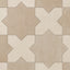This porcelain tile features an interlocking star and cross pattern in light brown and grayish-beige, finished with a soft matte glaze and subtle cement-plaster texture reminiscent of handmade terracotta.