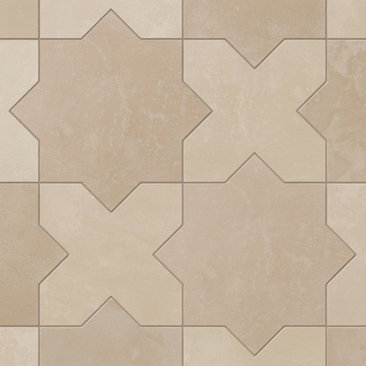 Light brown star forms pair easily with warm beige crosses on this porcelain tile, finished with a soft matte glaze and subtle cement-plaster texture that feels organic and gently time-worn.