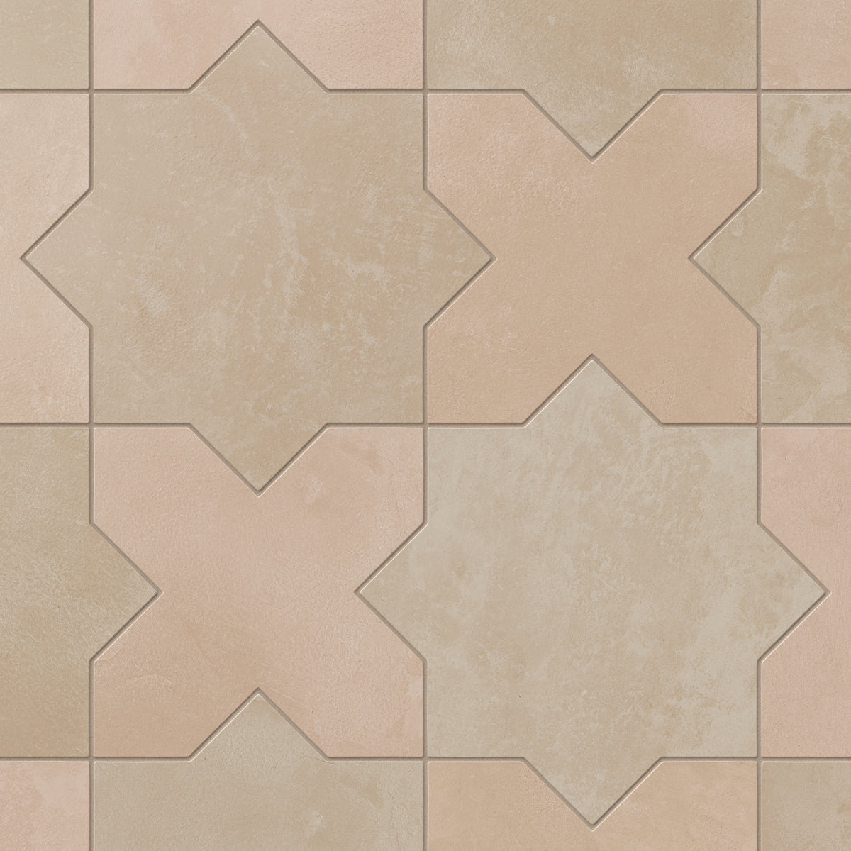 This matte porcelain tile pairs star and cross forms in alternating earth-drawn hues of light brown and beige with soft pink undertones, softened by cement-plaster texture and a handmade terracotta patina for cozy spaces.
