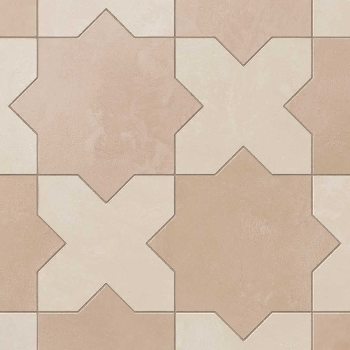A repeating star and cross pattern brings beige with soft pink undertones and grayish-beige together on this porcelain tile, finished with a powdery matte surface inspired by handmade terracotta.