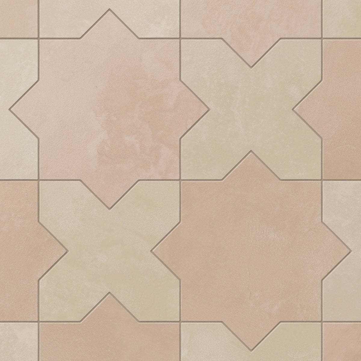 Beige star forms with soft pink undertones pair easily with warm beige crosses on this porcelain tile, finished with a soft matte glaze and subtle cement-plaster texture that feels organic and time-worn.