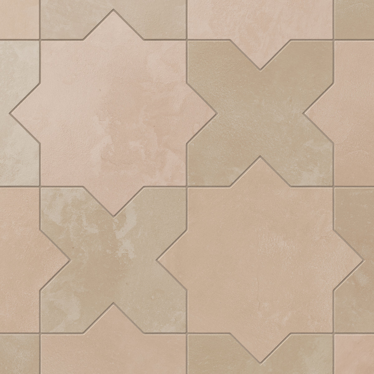 A repeating star and cross pattern brings beige with soft pink undertones and light brown together on this porcelain tile, finished with a powdery matte surface inspired by handmade terracotta.