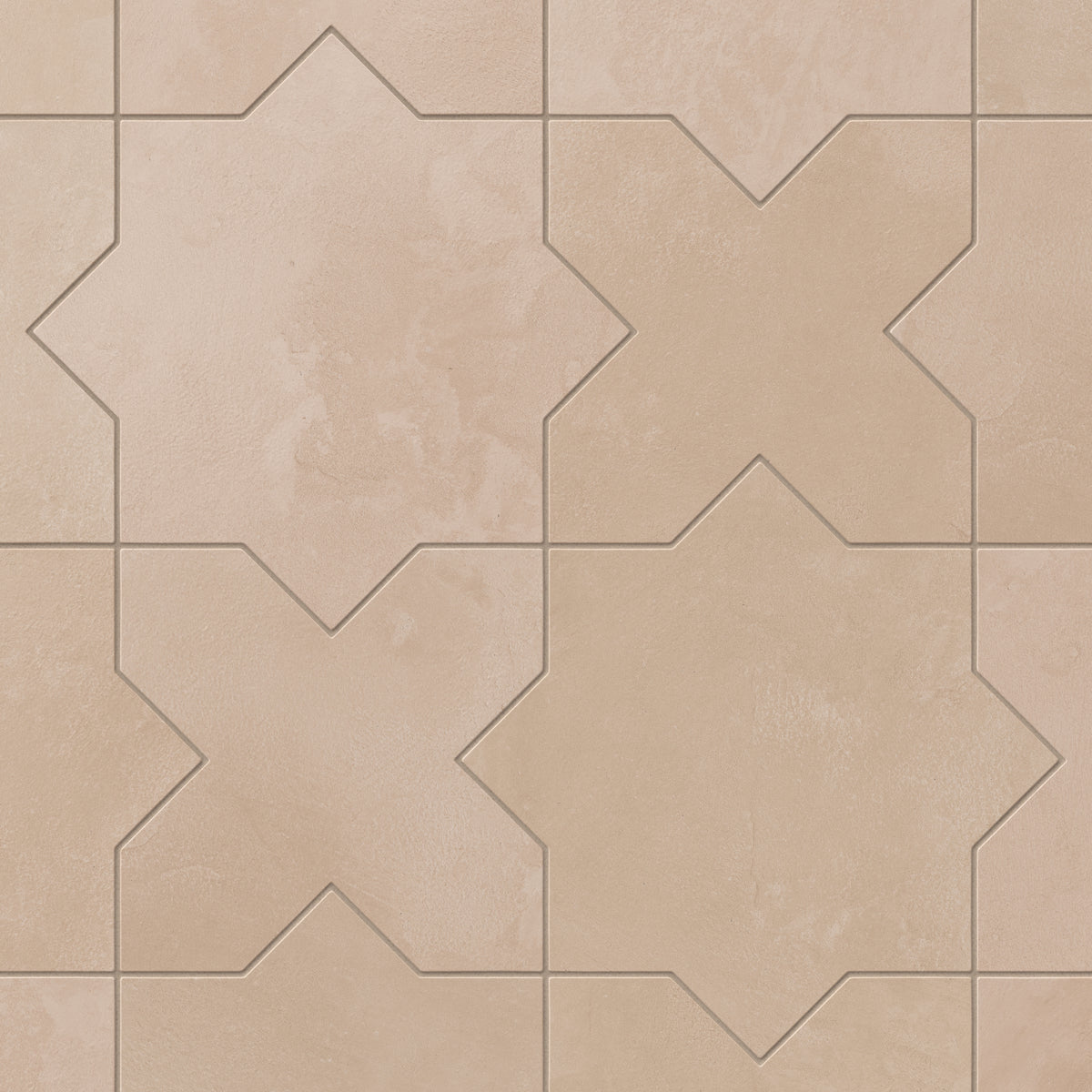 Beige 11x11 matte porcelain tile with gentle pink undertones and classic star and cross shapes, finished with a powdery glaze for a soft, handcrafted look.