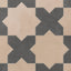 This matte porcelain tile blends star and cross forms in alternating earth-drawn hues of beige with soft pink undertones and dark gray, softened by cement-plaster texture and a handmade terracotta finish.