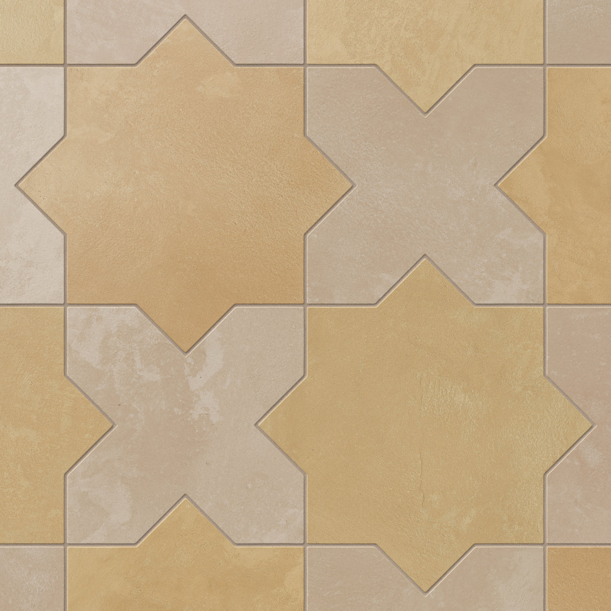 Yellow-orange star forms pair easily with light brown crosses on this porcelain tile, finished with a soft matte glaze and subtle cement-plaster texture that feels organic and gently time-worn.