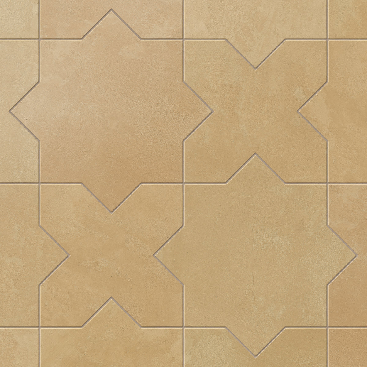 Star and cross patterned 11x11 porcelain tile in yellow-orange hues, finished with a matte surface and powdery glaze that suits rustic and Spanish-inspired spaces.