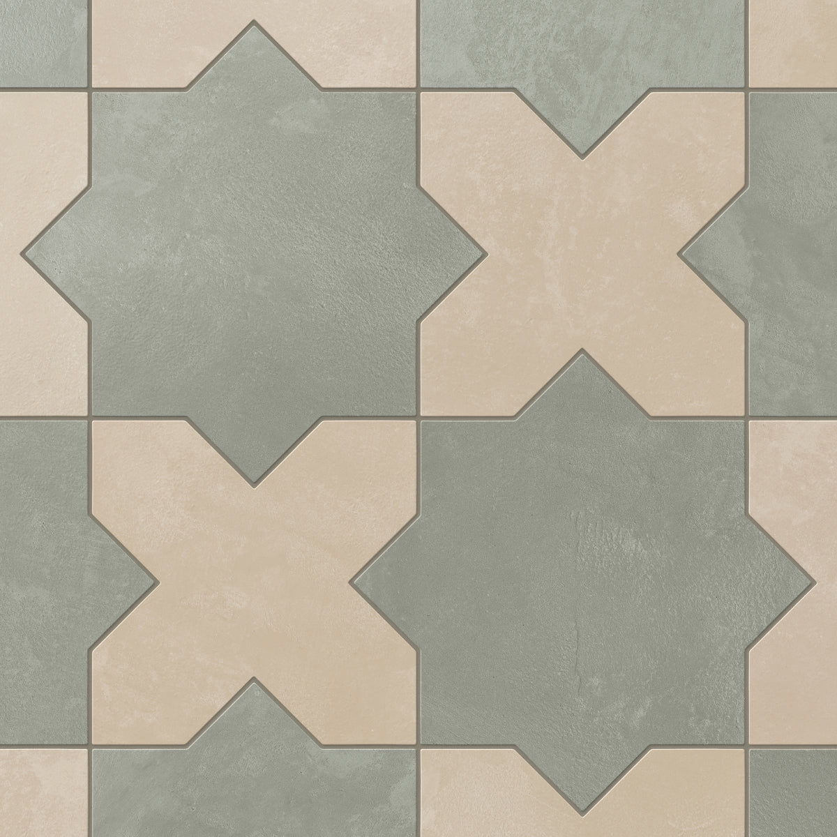 Muted sage green star forms pair easily with warm beige crosses on this porcelain tile, finished with a soft matte glaze and subtle cement-plaster texture that feels organic and gently time-worn.