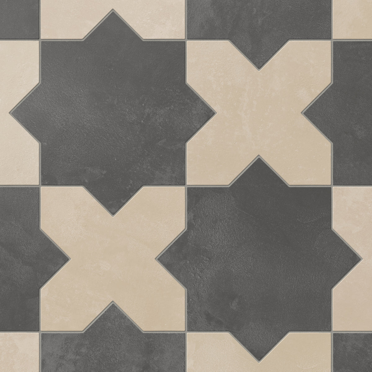 A repeating star and cross pattern brings dark gray and warm beige together on this porcelain tile, finished with a powdery matte surface and subtle cement-plaster texture reminiscent of handmade terracotta.
