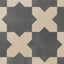 A repeating star and cross pattern brings dark gray and warm beige together on this porcelain tile, finished with a powdery matte surface and subtle cement-plaster texture reminiscent of handmade terracotta.
