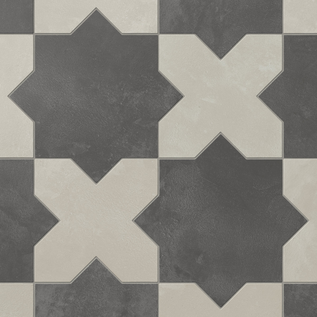 Dark gray star forms pair easily with light gray crosses on this porcelain tile, finished with a soft matte glaze and subtle cement-plaster texture that feels organic and time-worn.