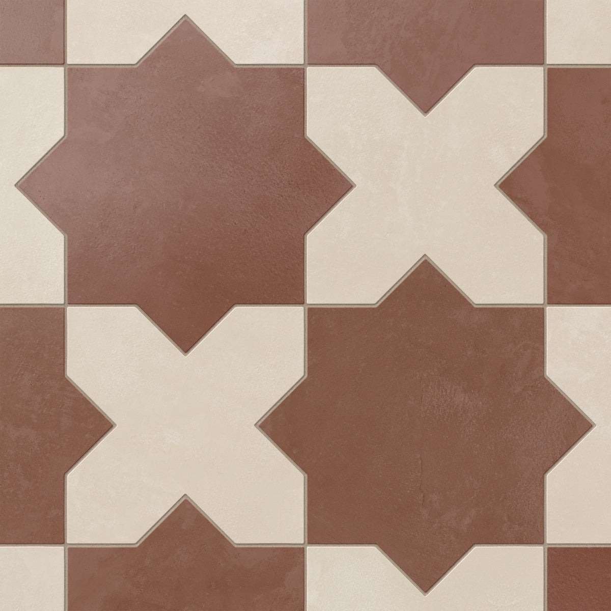 A repeating star and cross pattern brings red and grayish-beige together on this porcelain tile, finished with a powdery matte surface and subtle cement-plaster texture reminiscent of handmade terracotta.