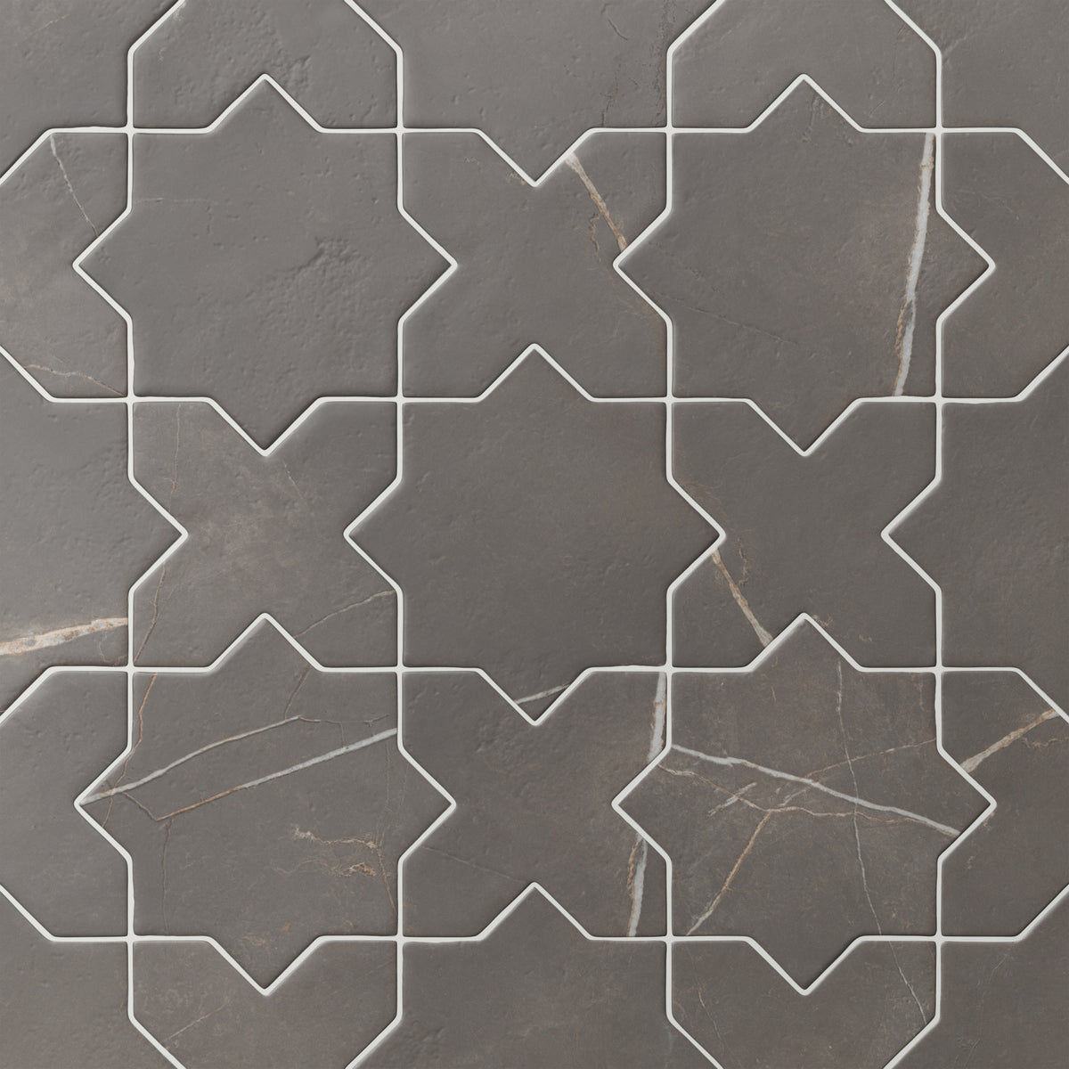 Star and cross–shaped Aslan 6x12 porcelain tiles in dark gray bring depth and rhythm through fine veining, paired with a matte surface and softened edges.