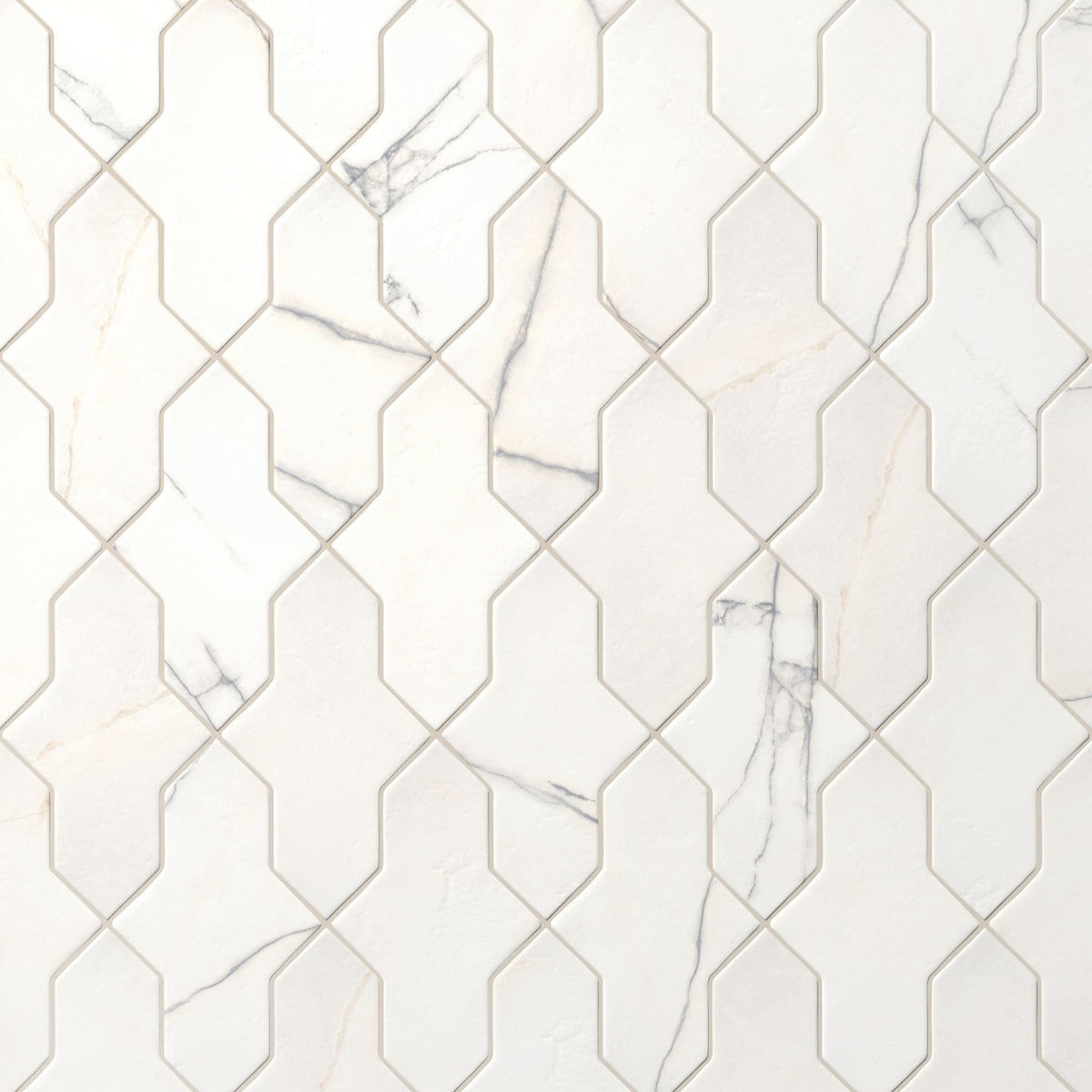 White Aslan 2x8 porcelain shield tiles create a flowing pattern, showing delicate gray veining across a matte finish with softly worn, rounded edges.