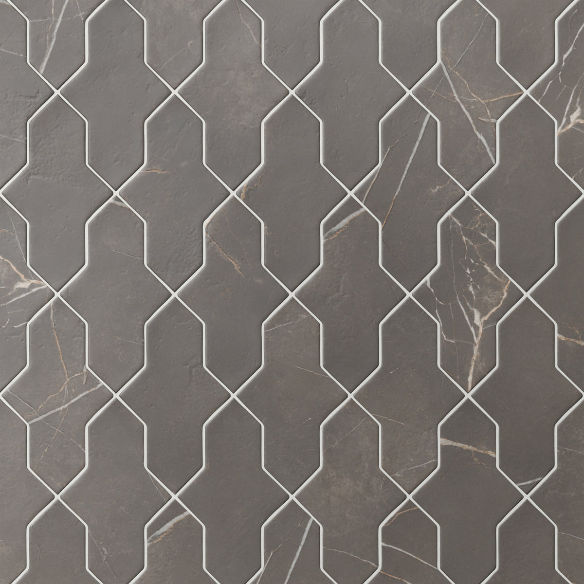 Shield-shaped Aslan 2x8 porcelain tiles in dark gray create a rhythmic layout, featuring subtle veining, a matte surface, and gently softened edges.