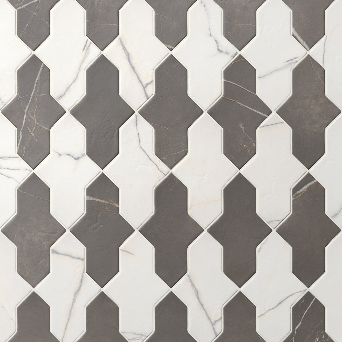 Checkerboard Aslan 2x8 porcelain shield tile mosaic in white and dark gray, featuring delicate marble veining across a smooth matte finish and softly rounded, timeworn edges.
