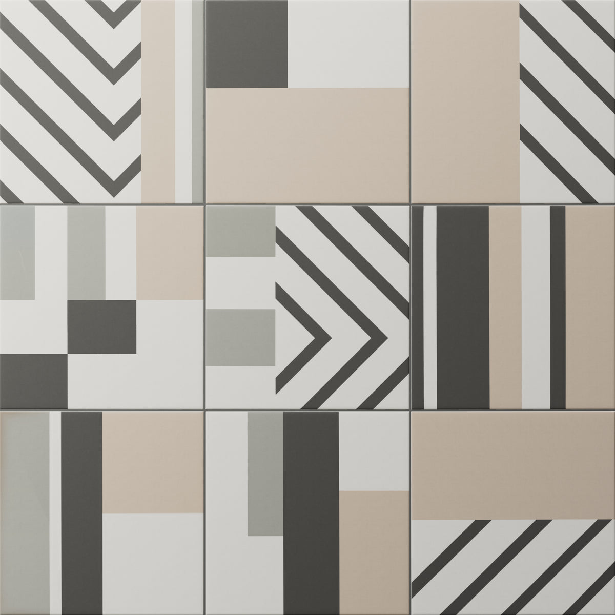 Bold geometric square tiles in black, white, taupe, and sage, featuring varied modern patterns for a dynamic, artistic surface.