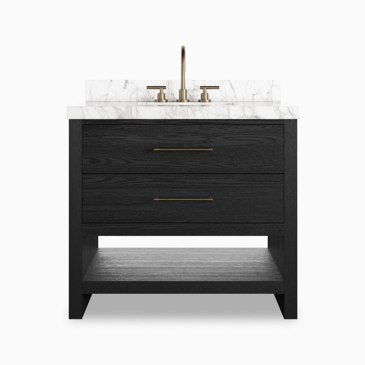 Maxine 36” single vanity in black wash oak veneer with marble countertop and brass hardware.