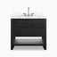 Maxine 36” single vanity in black wash oak veneer with marble countertop and brass hardware.
