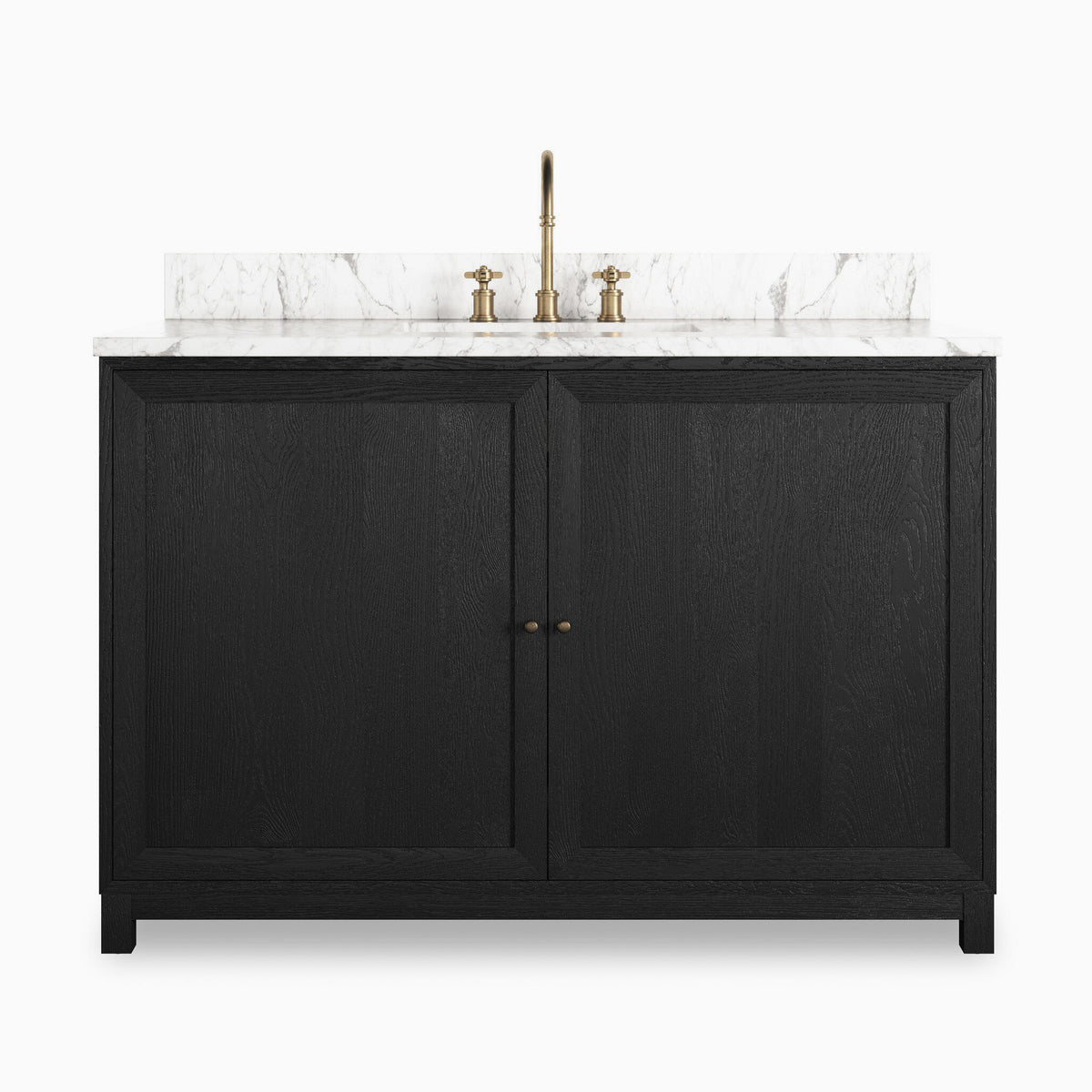 Josephine 48" single-wide vanity in satin drifted black veneer with marble top and antique brass faucet.