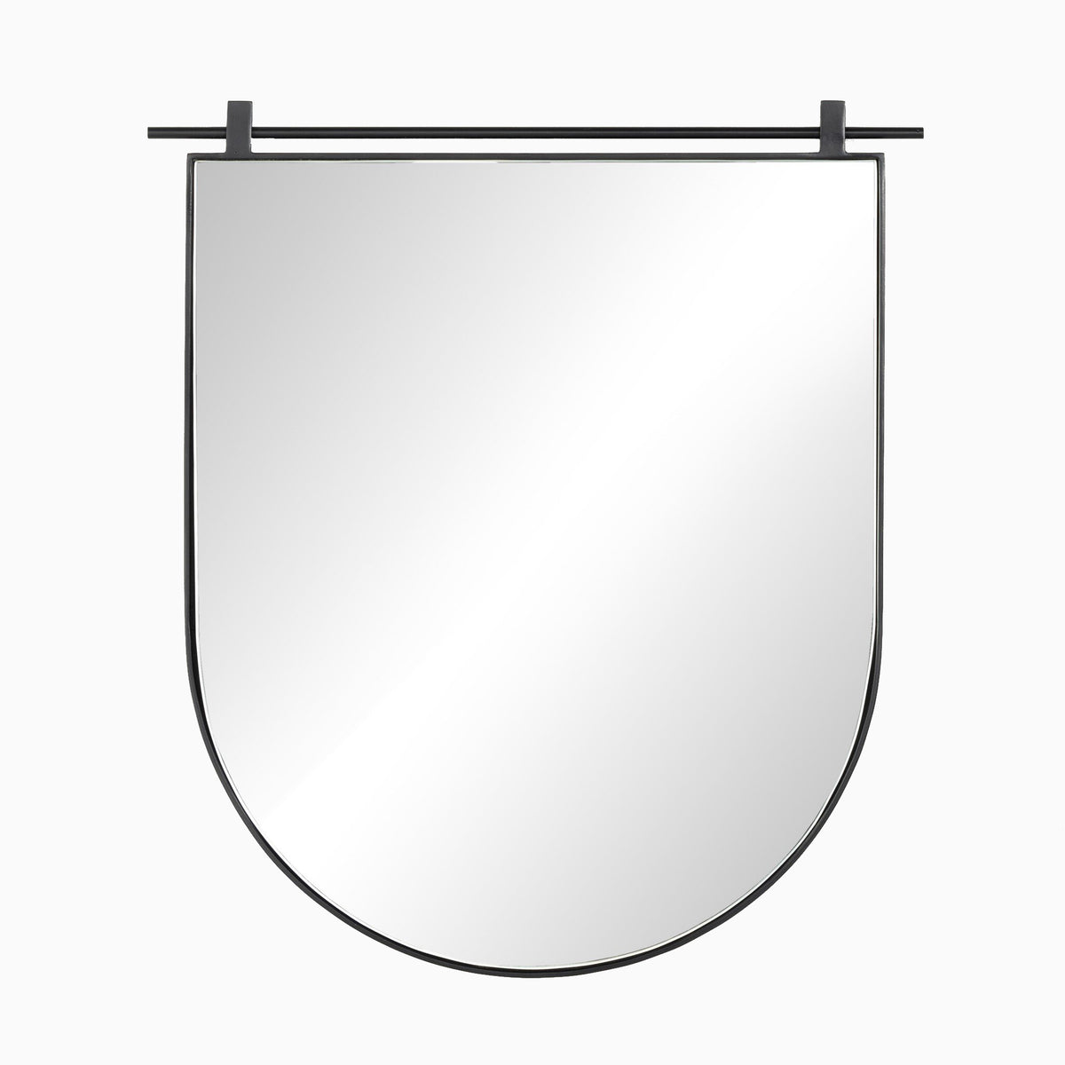 Contemporary small arch mirror with a matte black frame and top rail mount, perfect for sleek, minimalist interiors